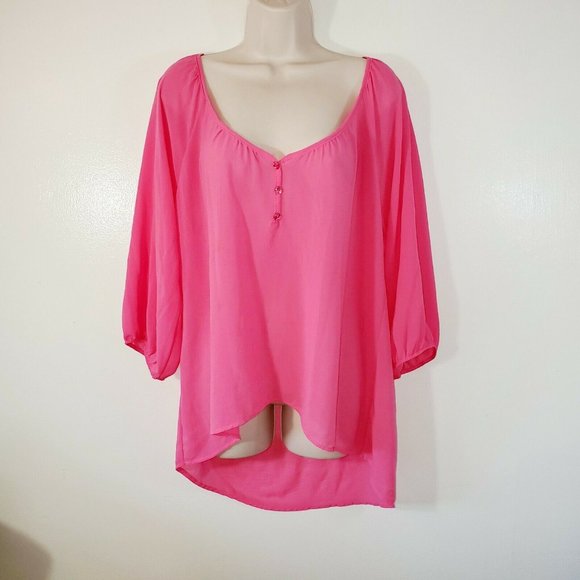 point Tops - Point Womans Large Blouse Sheer Pink Vneck Button